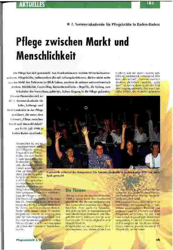 Vorschauseite 1: 2. Sommerakademie für Pflegekräfte in Baden-Baden: Pflege zwischen Markt und Menschlichkeit