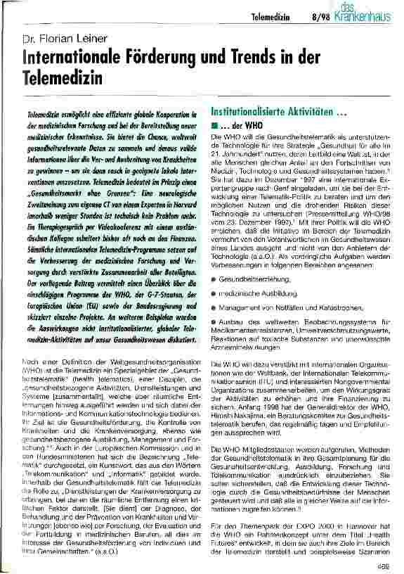 Vorschauseite 1: Internationale Förderung und Trends in der Telemedizin