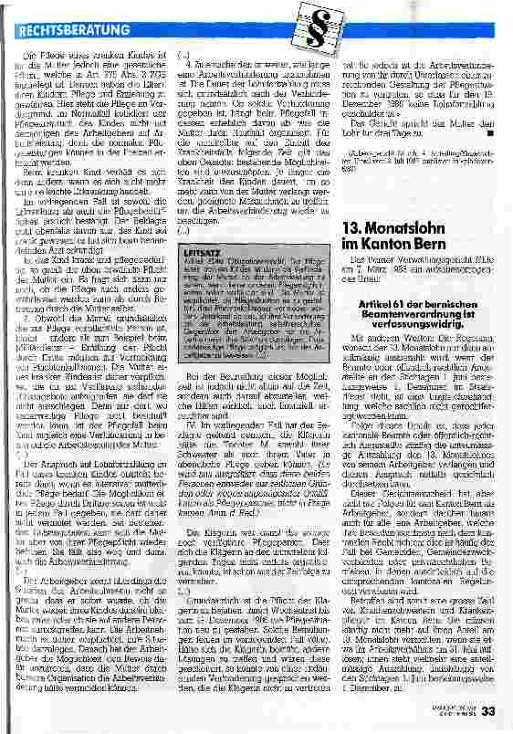 Vorschauseite 2: Lohn trotz Pflege kranker Kinder Arbeitsgericht Zürich 4. Abteilung Urteil vom 2.Juli 1987