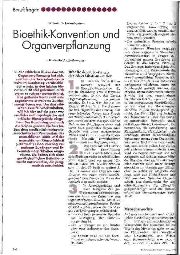 Vorschauseite 1: Bioethik-Konvention und Organverpflanzung Kritische Anmerkungen