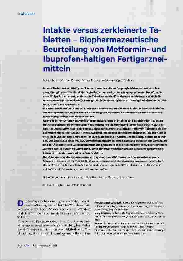 Vorschauseite 1: Intakte versus zerkleinerte Tabletten Biopharmazeutische Beurteilung von Metforminund Ibuprofen-haltigen Fertigarzneimitteln