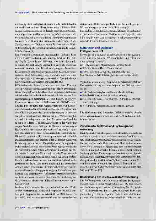Vorschauseite 2: Intakte versus zerkleinerte Tabletten Biopharmazeutische Beurteilung von Metforminund Ibuprofen-haltigen Fertigarzneimitteln