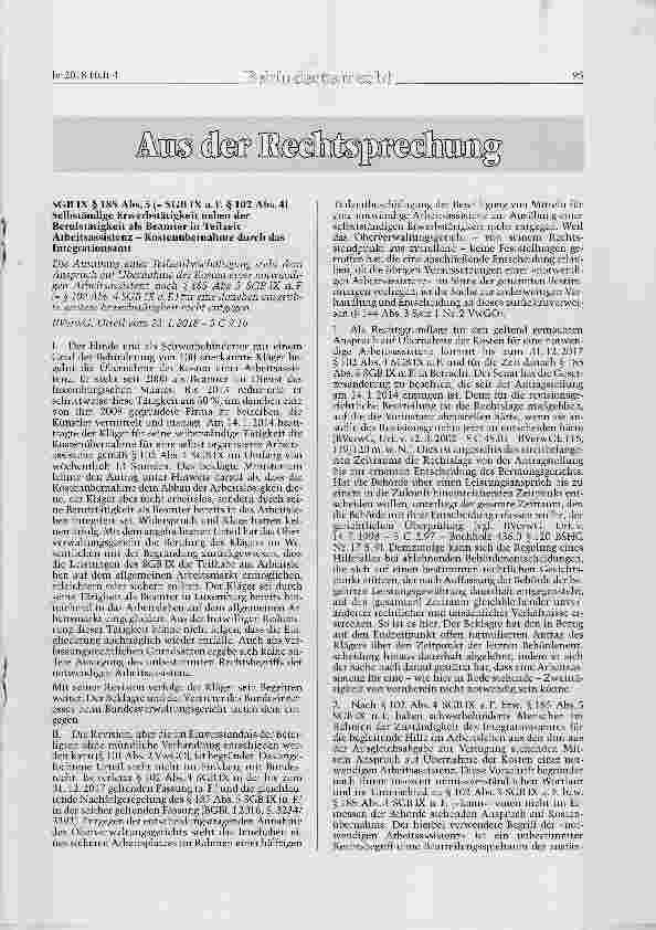 Vorschauseite 1: SGB IX § 185 Abs. 5 (= SGB IX a. F. § 102 Abs. 4) Selbständige Erwerbstätigkeit neben der Berufstätigkeit als Beamter in Teilzeit - Arbeitsassistenz Kostenübernahme durch das Inte…