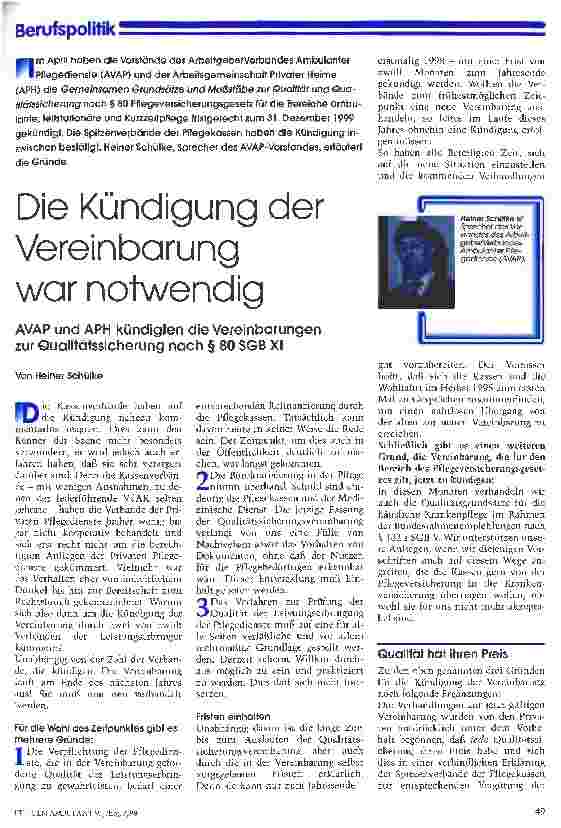 Vorschauseite 1: Die Kündigung der Vereinbarung war notwendig AVAP und APH kündigten die Vereinbarungen zur Qualitätssicherung nach  80 SGB XI