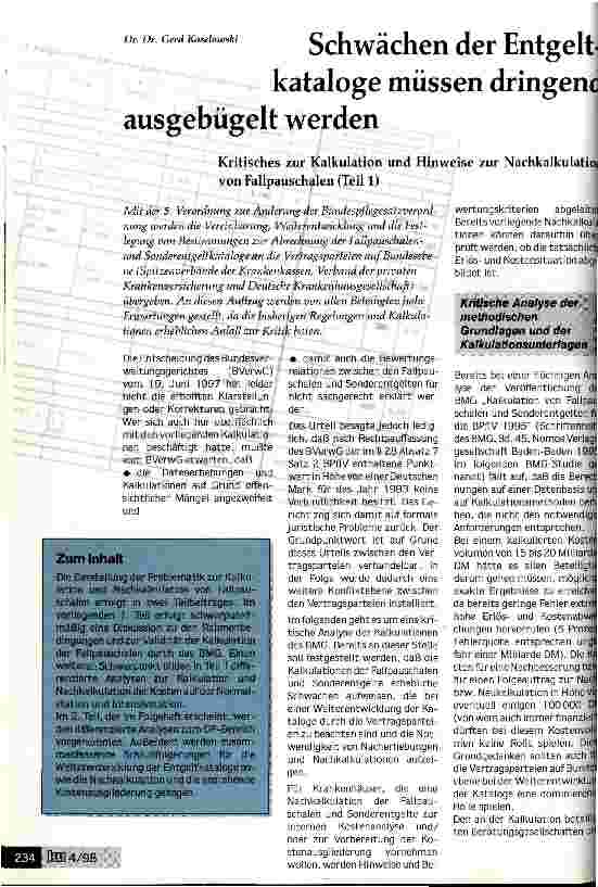 Vorschauseite 1: Schwächen der Entgeltkataloge müssen dringend ausgebügelt werden Kritisches zur Kalkulation und Hinweise zur Nachkalkulation (Teil 1)