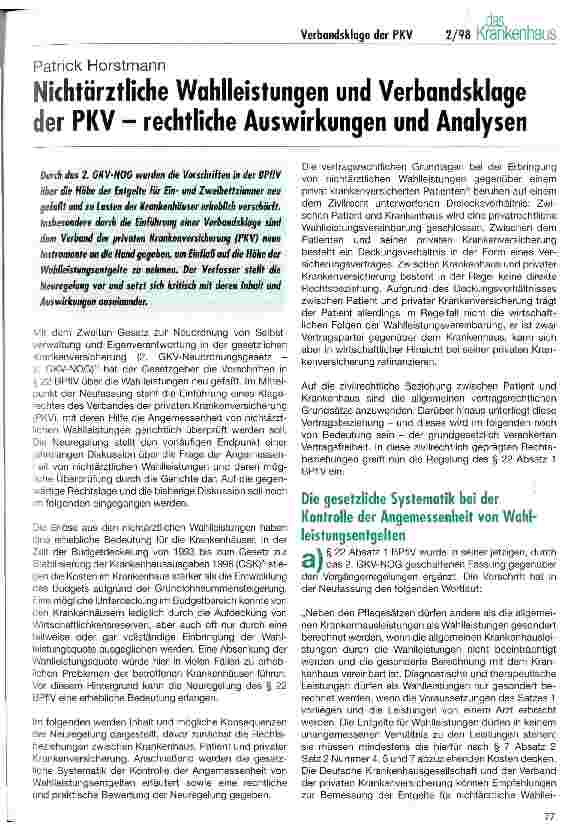 Vorschauseite 1: Nichtärztliche Wahlleistungen und Verbandsklage der PKV - rechtliche Auswirkungen und Analysen