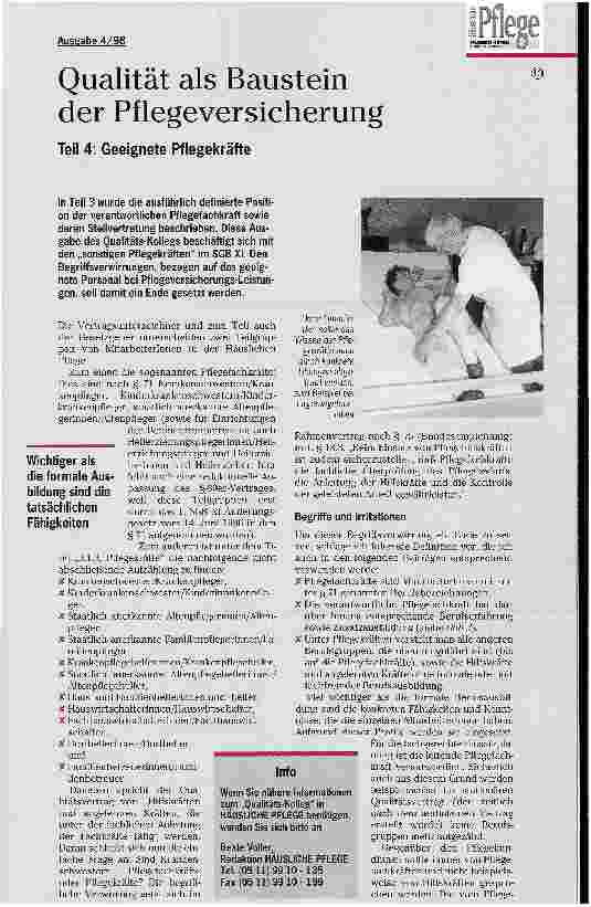 Vorschauseite 1: Qualität als Baustein der Pflegeversicherung Teil 4: Geeingete Pflegekräfte