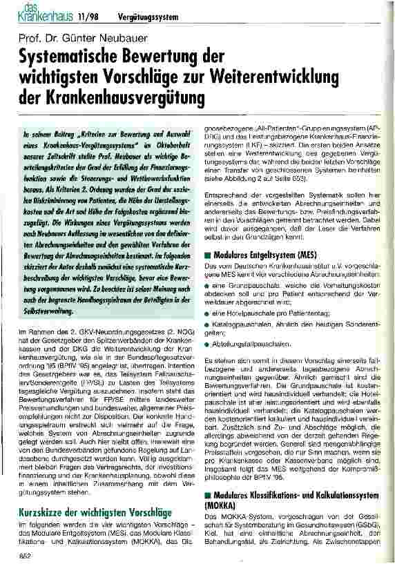 Vorschauseite 1: Systematische Bewertung der wichtigsten Vorschläge zur Weiterentwicklung der Krankenhausvergütung