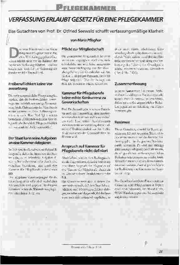 Vorschauseite 1: Verfassung erlaubt Gesetz für eine Pflegekammer