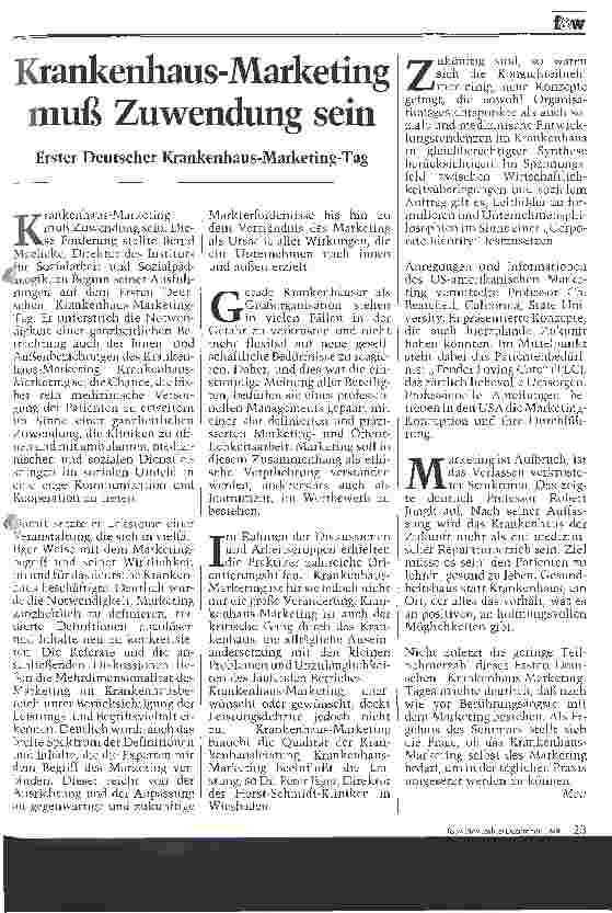 Vorschauseite 1: Krankenhaus-Marketing muß Zuwendung sein Erster Deutscher Krankenhaus-Marketing Tag