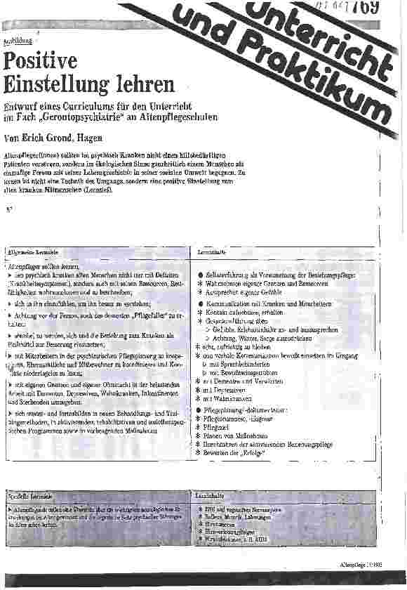 Vorschauseite 1: Ausbildung: Positive Einstellung lehren / Entwurf eines Curriculums für den Unterricht im Fach Gerontopsychiatrie an Altenpflegeschulen