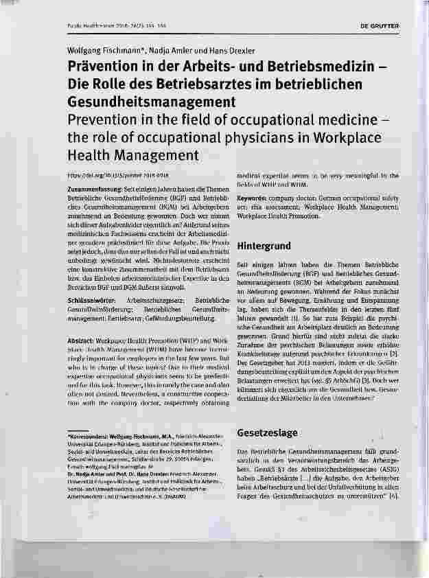 Vorschauseite 1: Prävention in der Arbeitsund Betriebsmedizin Die Rolle des Betriebsarztes im betrieblichen Gesundheitsmanagement