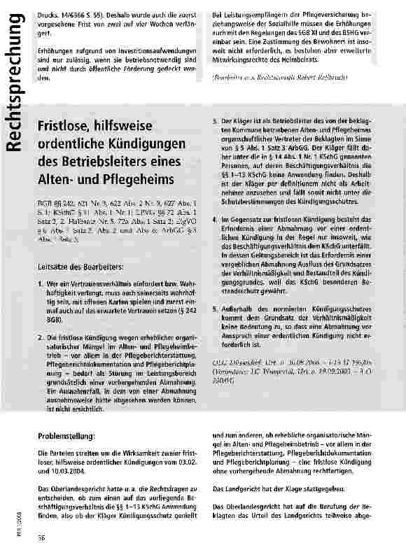 Vorschauseite 1: Fristlose, hilfsweise ordentliche Kündigungen des Betriebsleiters eines Altenund Pflegeheims