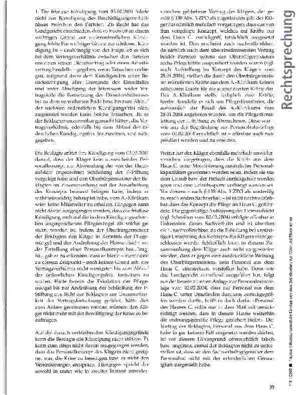 Vorschauseite 4: Fristlose, hilfsweise ordentliche Kündigungen des Betriebsleiters eines Altenund Pflegeheims