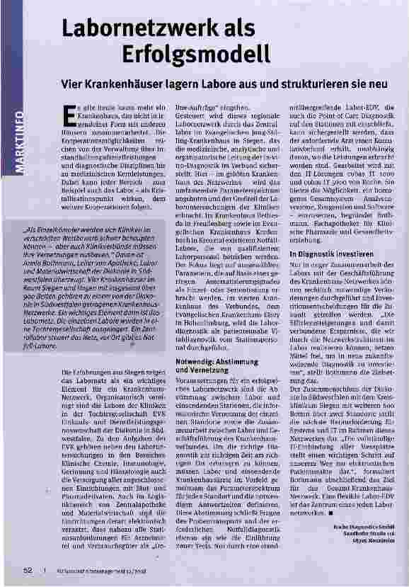 Vorschauseite 1: Labornetzwerk als Erfolgsmodell Vier Krankenhäuser lagern Labore aus und strukturieren sie neu
