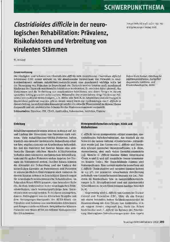 Vorschauseite 1: Clostridbides difficile in der neurologischen Rehabilitation: Prävalenz, Risikofaktoren und Verbreitung von virulenten Stämmen