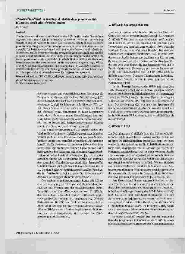 Vorschauseite 2: Clostridbides difficile in der neurologischen Rehabilitation: Prävalenz, Risikofaktoren und Verbreitung von virulenten Stämmen