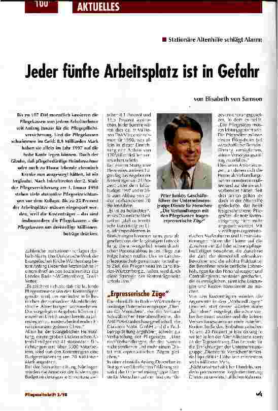 Vorschauseite 1: Jeder fünfte Arbeitsplatz ist in Gefahr Stationäre Altenhilfe schlägt Alarm