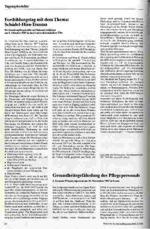 Vorschauseite 1: Gesundheitsgefährdung des Pflegepersonals 2.Essener Pflegesymposion am 30.11.1987 in Essen
