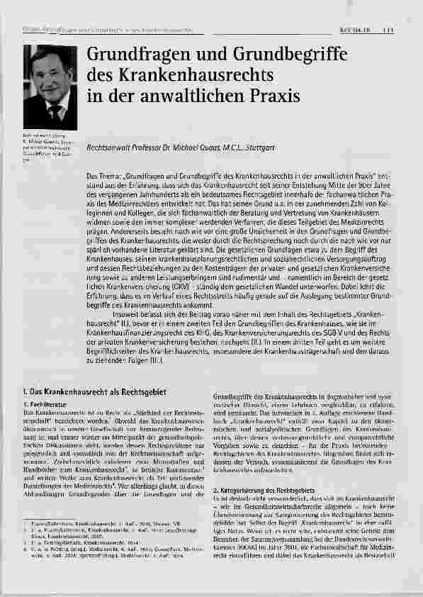 Vorschauseite 1: Grundfragen und Grundbegriffe des Krankenhausrechts in der anwaltlichen Praxis