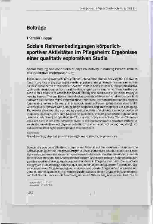 Vorschauseite 1: Soziale Rahmenbedingungen körperlich sportiver Aktivitäten im Pflegeheim: Ergebnisse einer qualitativ explorativen Studie