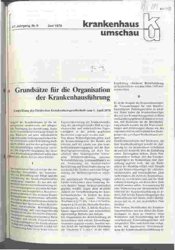 Vorschauseite 1: Grundsätze für die Organisation der Krankenhausführung Empfehlung der Deutschen Krankenhausgesellschaft vom 5. April 1978