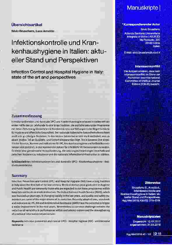 Vorschauseite 1: Infektionskontrolle und Krankenhaushygiene in Italien: aktueller Stand und Perspektiven