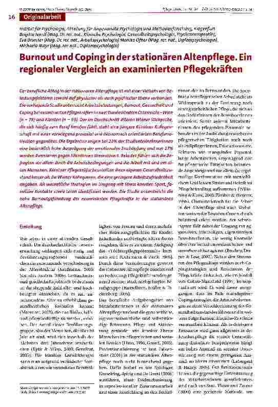 Vorschauseite 1: Burnout und Coping in der stationären Altenpflege. Ein regionaler Vergleich an examinierten Pflegekräften