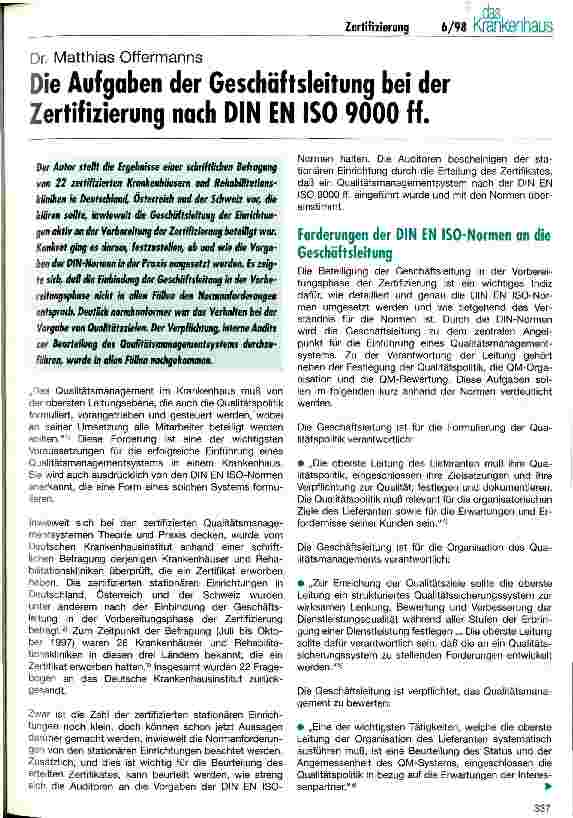 Vorschauseite 1: Die Aufgaben der Geschäftsleitung bei der Zertifizierung nach DIN EN ISO 9000 ff.