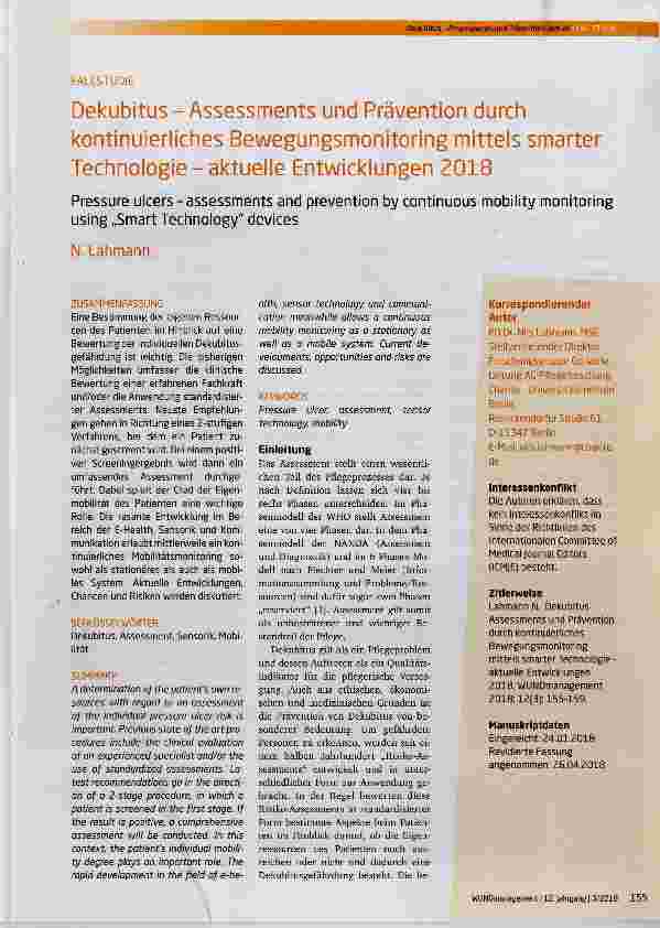 Vorschauseite 1: Dekubitus-Assessments und Prävention durch kontinuierliches Bewegungsmonitoring mittels smarter Technologie-aktuelle Entwicklungen 2018