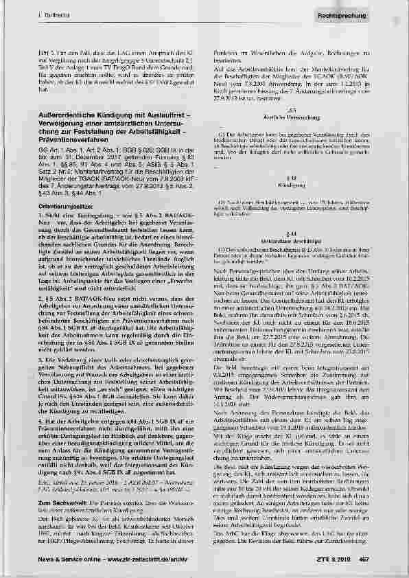 Vorschauseite 1: Außerordentliche Kündigung mit Auslauffrist Verweigerung einer amtsärztlichen Untersuchung zur Feststellung der Arbeitsfähigkeit Präventionsverfahren