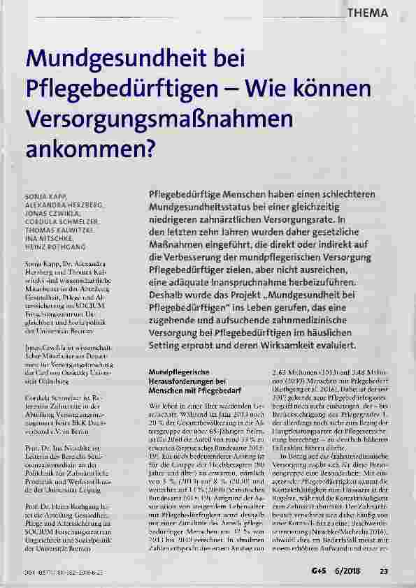 Vorschauseite 1: Mundgesundheit bei Pflegebedürftigen Wie können Versorgungsmaßnahmen ankommen?