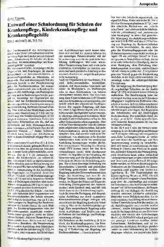 Vorschauseite 1: Zum Thema: Entwurf einer Schulordnung für Schulen der Krankenpflege, Kinderkrankenpflege und Krankenpflegehilfe