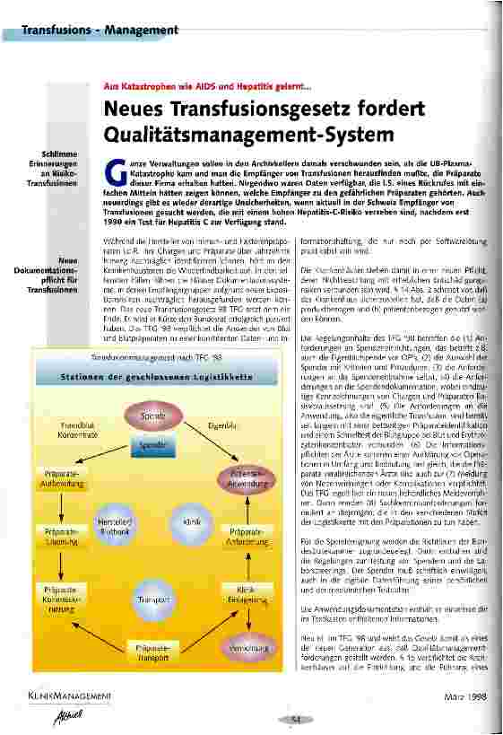 Vorschauseite 1: Neues Transfusionsgesetz fordert Qualitätsmanagement-System Aus Katastrophen wie AIDS und Hepatitis gelernt...