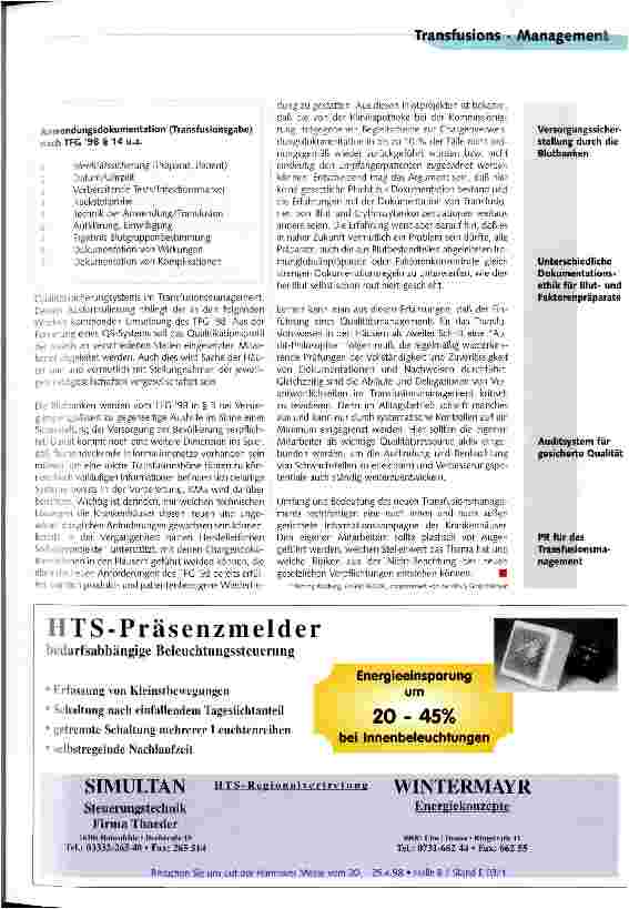 Vorschauseite 2: Neues Transfusionsgesetz fordert Qualitätsmanagement-System Aus Katastrophen wie AIDS und Hepatitis gelernt...