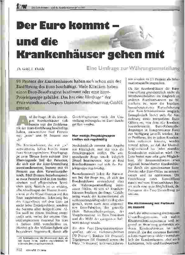 Vorschauseite 1: Der Euro kommt - und die Krankenhäuser gehen mit Eine Umfrage zur Währungsumstellung