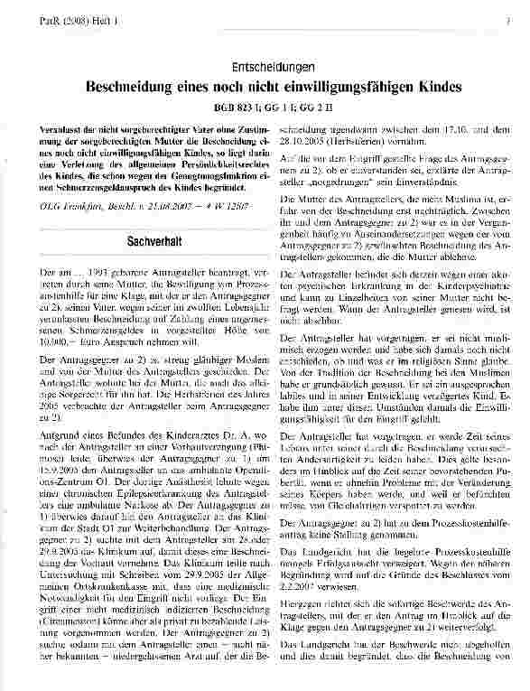 Vorschauseite 1: Beschneidung eines noch nicht einwilligungsfähigen Kindes