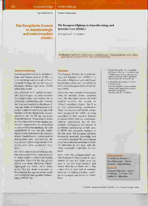 Vorschauseite 1: Das Europäische Examen in Anästhesiologie und Intensivmedizin (EDAIC)