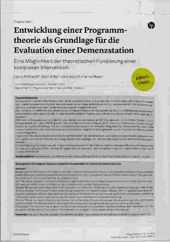 Vorschauseite 1: Entwicklung einer Programmtheorie als Grundlage für die Evaluation einer Demenzstation