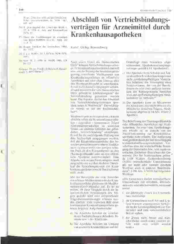 Vorschauseite 1: Abschluß von Vertriebsbindungsverträgen für Arzneimittel durch Krankenhausapotheken