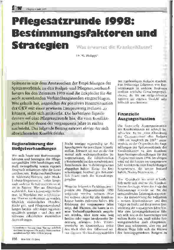 Vorschauseite 1: Pflegesatzrunde 1998: Bestimmungsfaktoren und Strategien Was erwartet die Krankenhäuser?