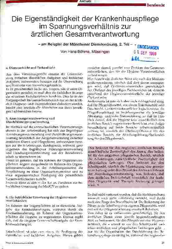 Vorschauseite 1: Die Eigenständigkeit der Krankenhauspflege im Spannungsverhältnis zur ärztlichen Gesamtverantwortung - am Beispiel der Münchener Dienstordnung, 2. Teil -