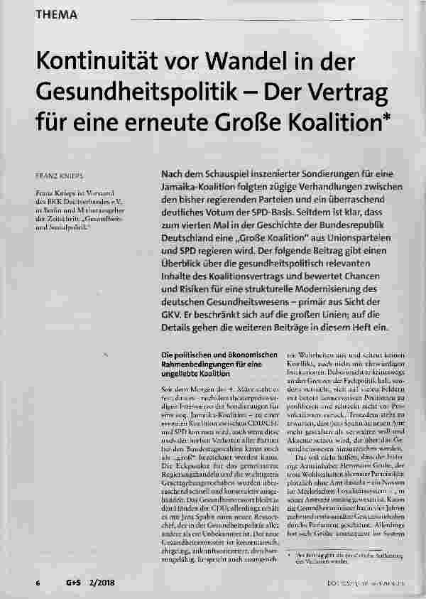Vorschauseite 1: Kontinuität vor Wandel in der Gesundheitspolitik Der Vertrag für eine erneute Große Koalition