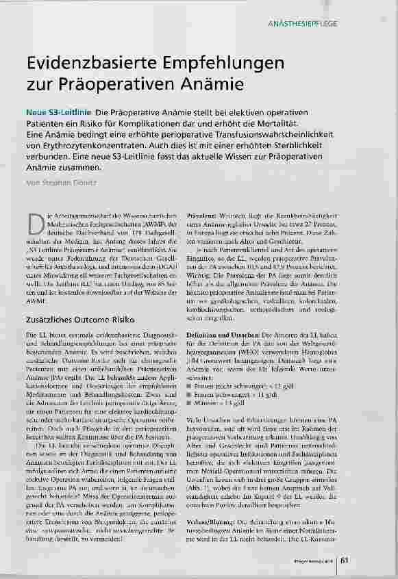 Vorschauseite 2: Evidenzbasierte Empfehlungen zur Präoperativen Anämie