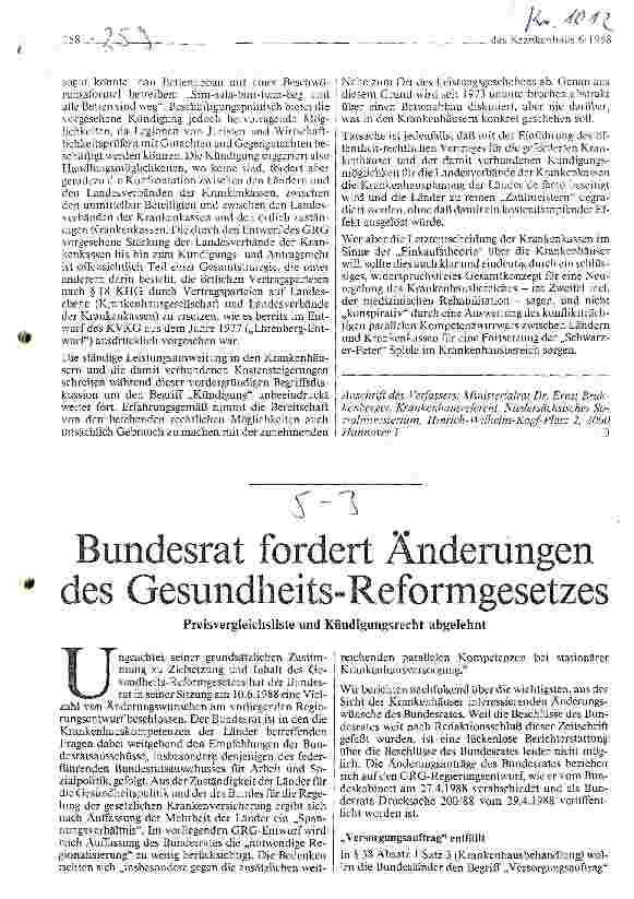 Vorschauseite 1: Bundesrat fordert Änderungen des Gesundheitsreformgesetzes Preisvergleichsliste und Kündigungsrecht abgelehnt