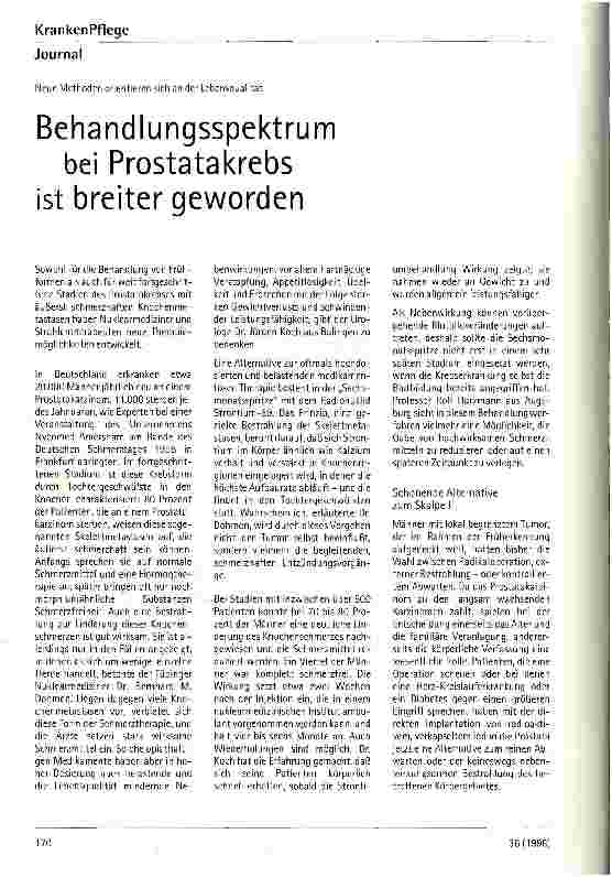 Vorschauseite 1: Behandlungsspektrum bei Prostatakrebs ist breiter geworden Neue Methoden orientieren sich an der Lebensqualität