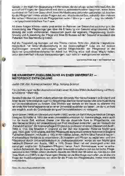 Vorschauseite 1: Die Krankenpflegeausbildung an einer Universität Historische Entwicklung