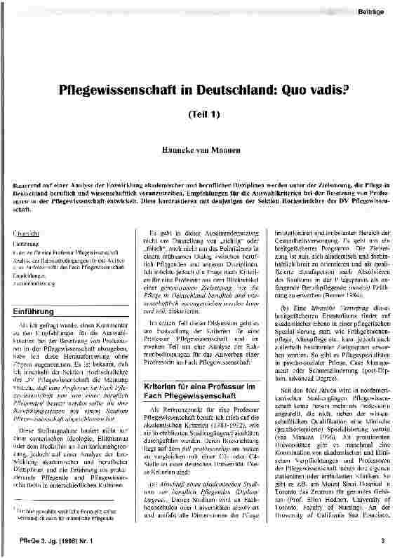 Vorschauseite 1: Pflegewissenschaft in Deutschland: Quo vadis? (Teil 1)
