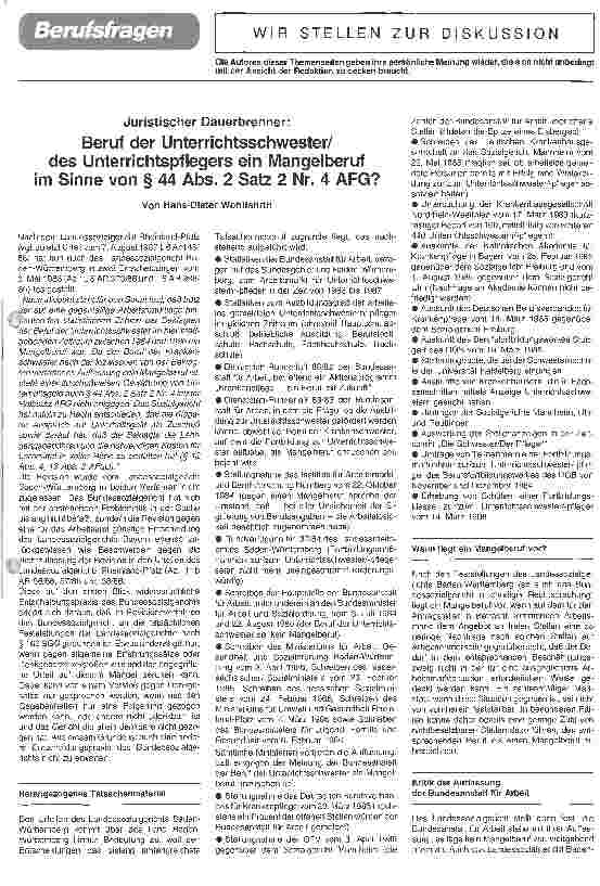 Vorschauseite 1: Beruf der Unterrichtsschwester/des Unterrichtspflegers ein Mangelberuf im Sinne von Pagragraph 44 Abs. 2 Satz 2 Nr. 4 AFG?