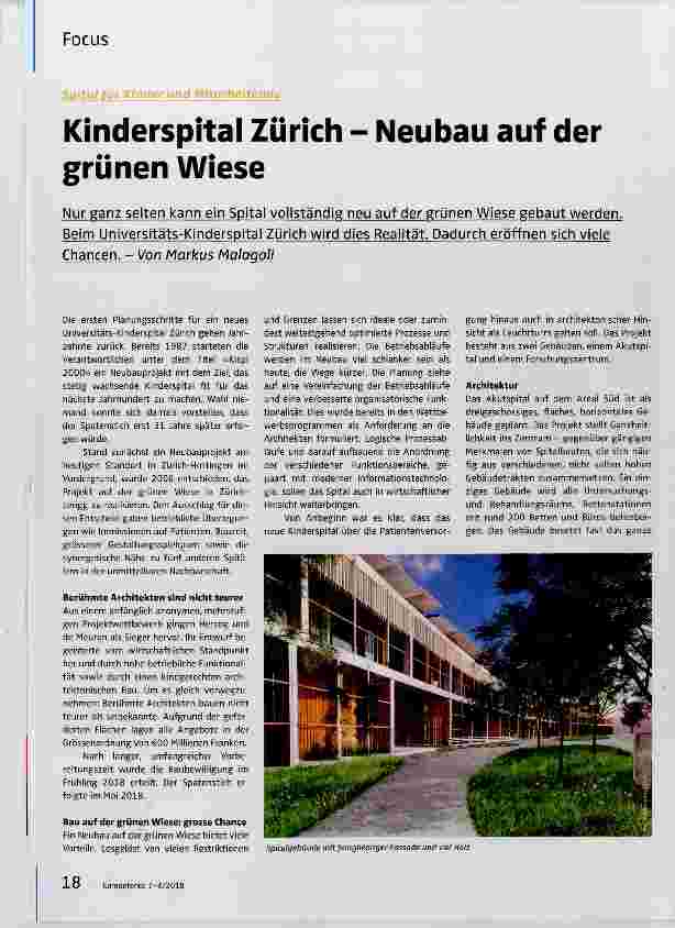 Vorschauseite 1: Kinderspital Zürich Neubau auf der grünen Wiese